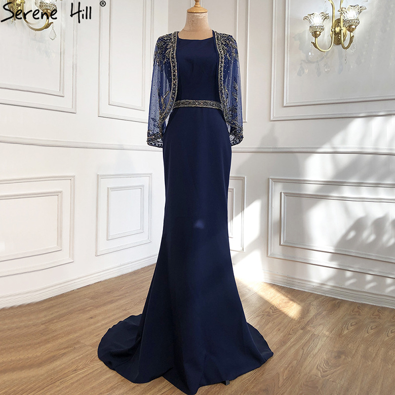 Light luxury blue shawl fishtail two-piece set socialite temperament annual meeting host texture evening dress LA70884
