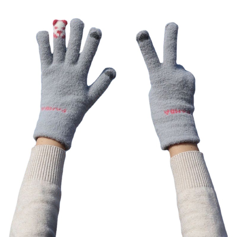 Plush warm gloves for women autumn and winter touch screen riding cute winter cycling Student five finger fleece-lined knitted women