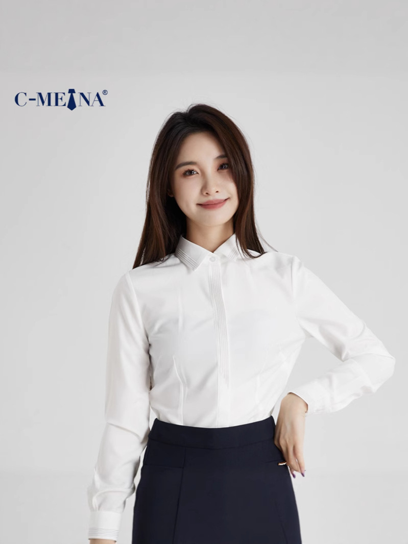 Elegant Commuter New Women's Long Sleeve Square Neck Single-Breasted Slim Fit Chiffon White Shirt