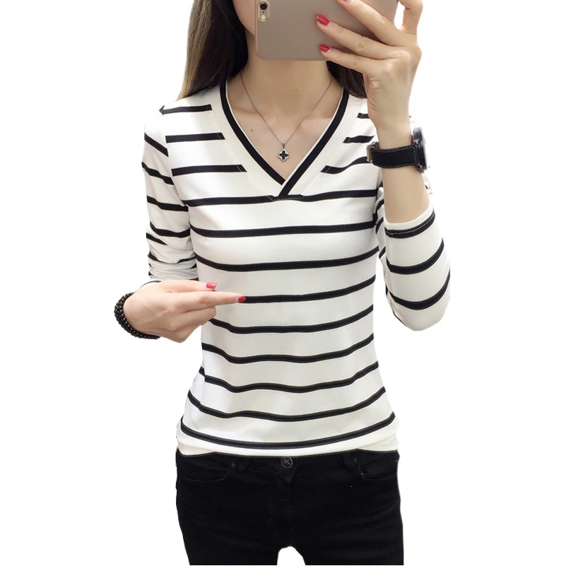 Black and White Stripesd V Neck Long-Sleeved T-Shirt for Women 2025 Spring & Fall New Style Slimming Look, Fashionable and Age-Reducing Versatile Bottoming Shirt Trbottomy