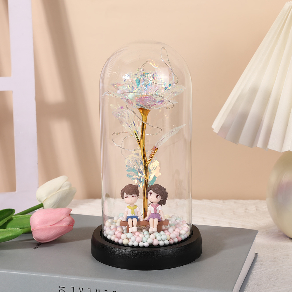 Picture of Valentine's Day Eternal Flower Glass Cover Finished Product Valentine's Day Doll Rose Gold Foil Flower Gift Ornament Birthday Gift