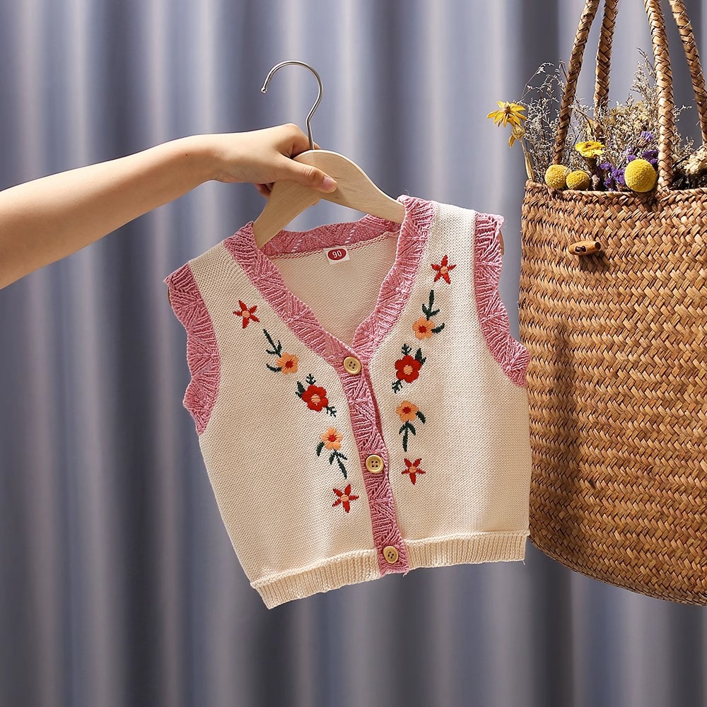Picture of Baby Vest Knitwear Floral Embroidered Girls' Clothes Waistcoat Cardigan Baby Sweater Vest Fashionable Jacket Korean Style