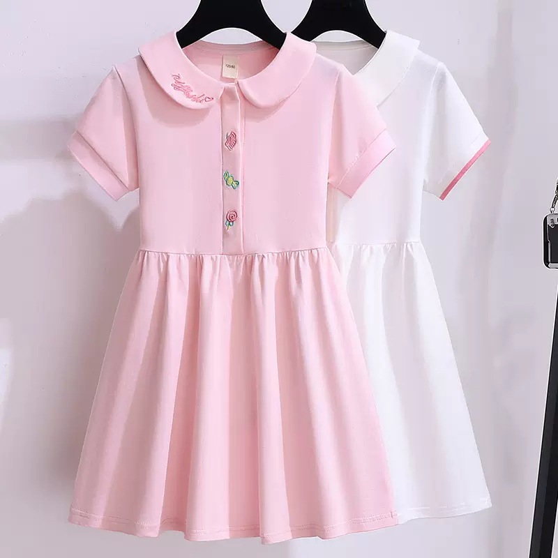 Girl's Pink Academy Style Dress Summer New Children's Korean Style Western Style Girl's Short Sleeve Dress Princess Style