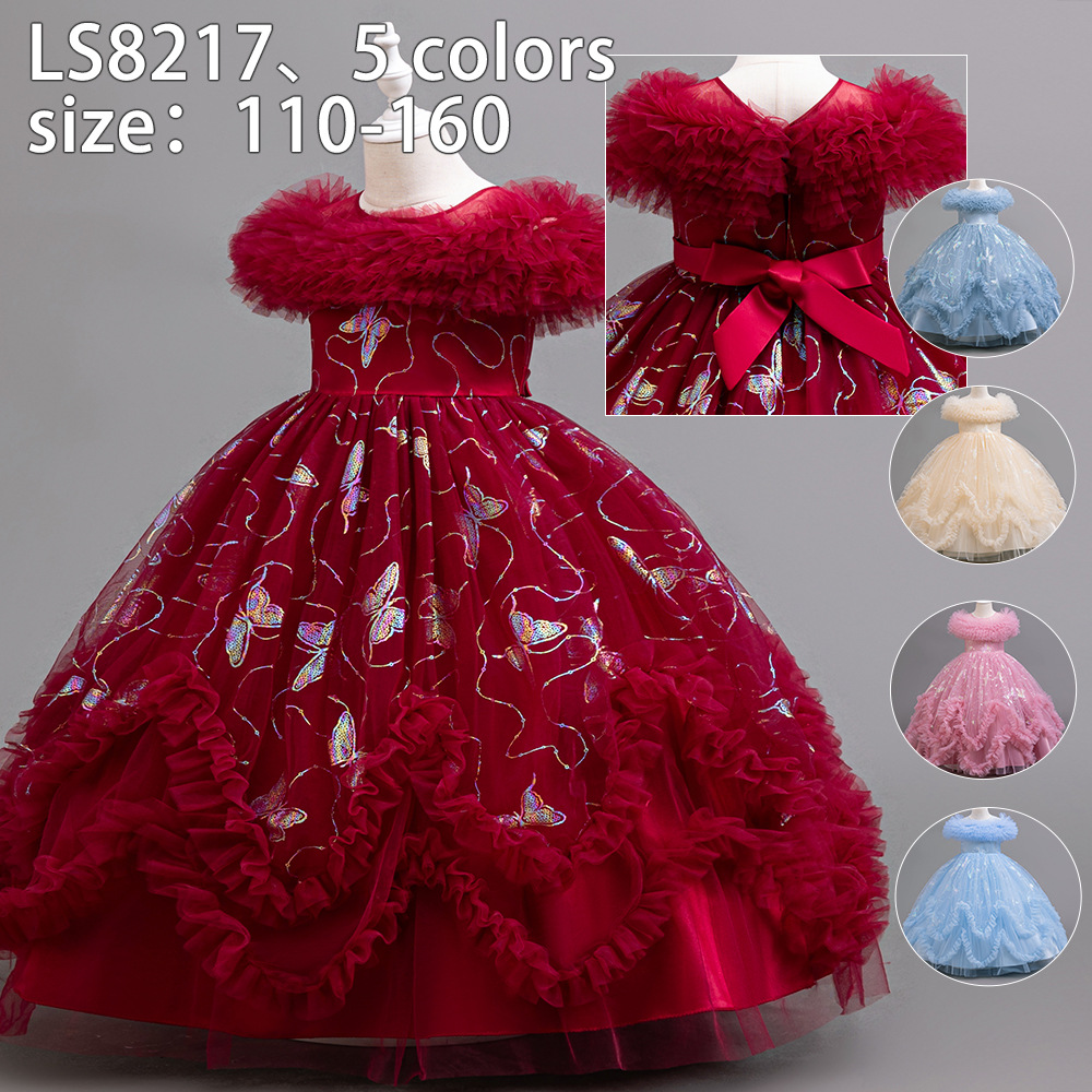 Girls' Dress Long Shoulder Fluffy Gauze Butterfly Bronzing Classy Elegant Birthday Party Piano Performance Dress