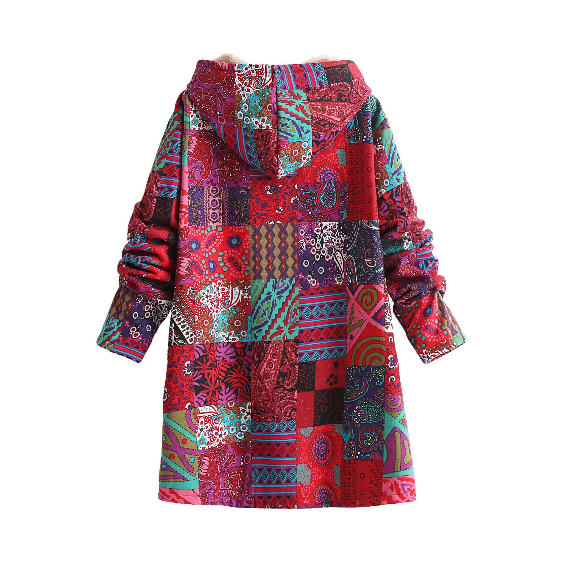 Picture of 2023 Winter Amazon WISH European and American popular new women's cotton and linen printed hooded sweater warm plush coat