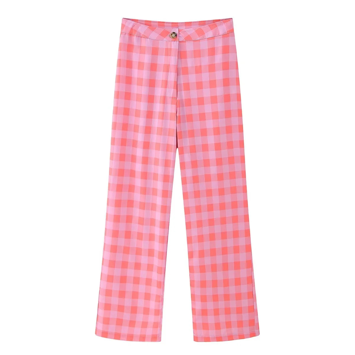 Cross-border European and American-style AliExpress popular fashion pink check casual straight trousers