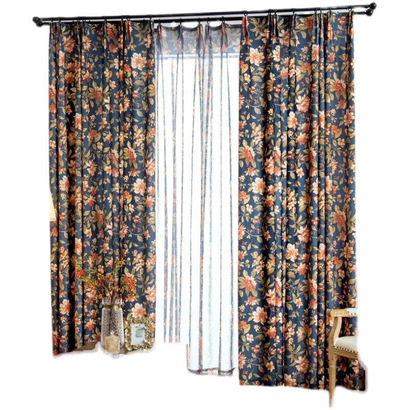 American Pastoral Large Floral Cotton and Linen Hand-painted Printed Bedroom Living Room Curtain Fabric Finished Shading Floating Window Screen