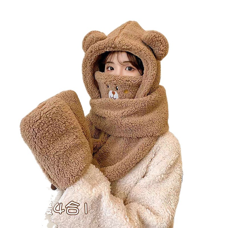 Picture of Autumn and Winter Little Bear Four-Piece Set of Cotton Fleece Cute Neck Warmers, Cycling Gloves, Ear Guards, Hat Scarf, One-Piece Plush