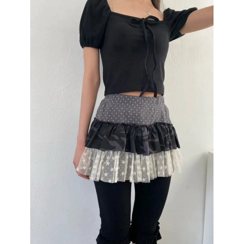 2-Color Korean Ins Retro Millennium Style Five-Pointed Star Polka Dot Camouflage Mesh Splicing Multi-Layered Short Skirt Cake Skirt