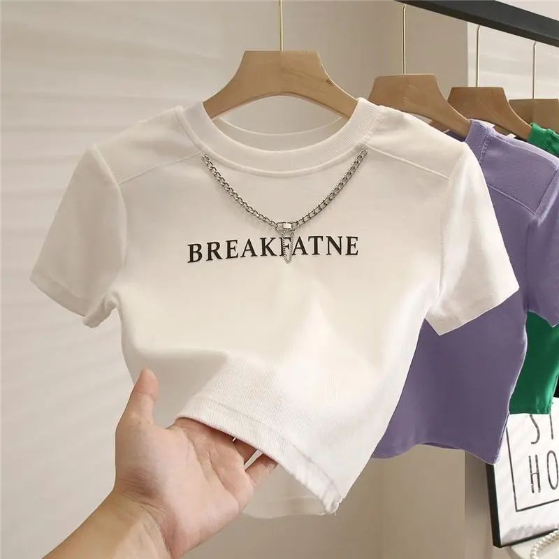 High-grade Threaded Short T-shirt Women's Short-sleeved Summer New Style Chain Design Niche High Waist Printed Letter Top