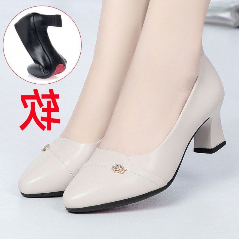 2024 New High-heeled Shoes Women's Leather Shoes Women's Shoes Women's New Mother's Shoes Spring Mid-heel Temperament