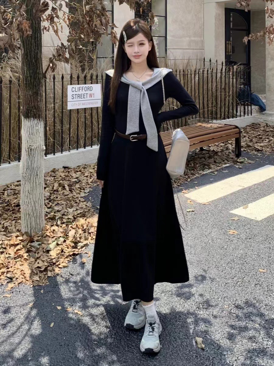 [with belt] plus size women's autumn new chubby girl temperament waist long skirt covering flesh slimming contrast color dress