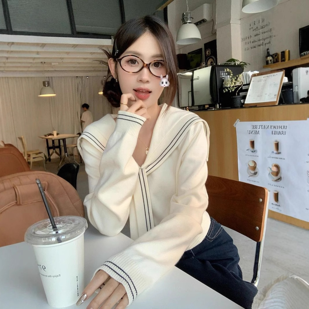 Navy Collar Sweater Women's 2025 Autumn and Winter New Korean-style College-style Age-reducing Short Waisted Slim-fit Long-sleeved Sweater