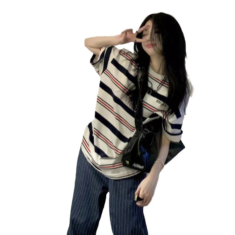 Picture of In-Stock Striped Short-Sleeve Women's 2025 Thin Niche Design Loose Slimming Trendy American Retro T-Shirt Top