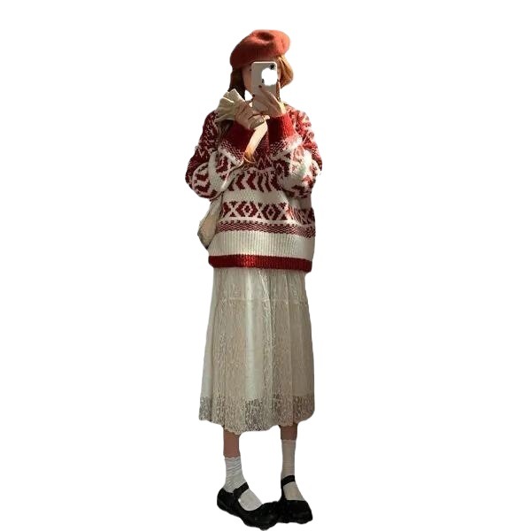 Picture of Factory Spring and Autumn New Women's Vintage Loose Casual Jacquard Ethnic Thick Geometric Pattern New Year Christmas Sweater