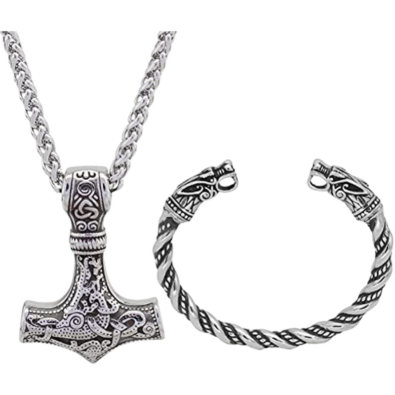 Picture of European and American Cross-border Explosions Viking Retro Rune Hammer Necklace Wolf Head Bracelet Viking suit Jewelry Accessories Wholesale