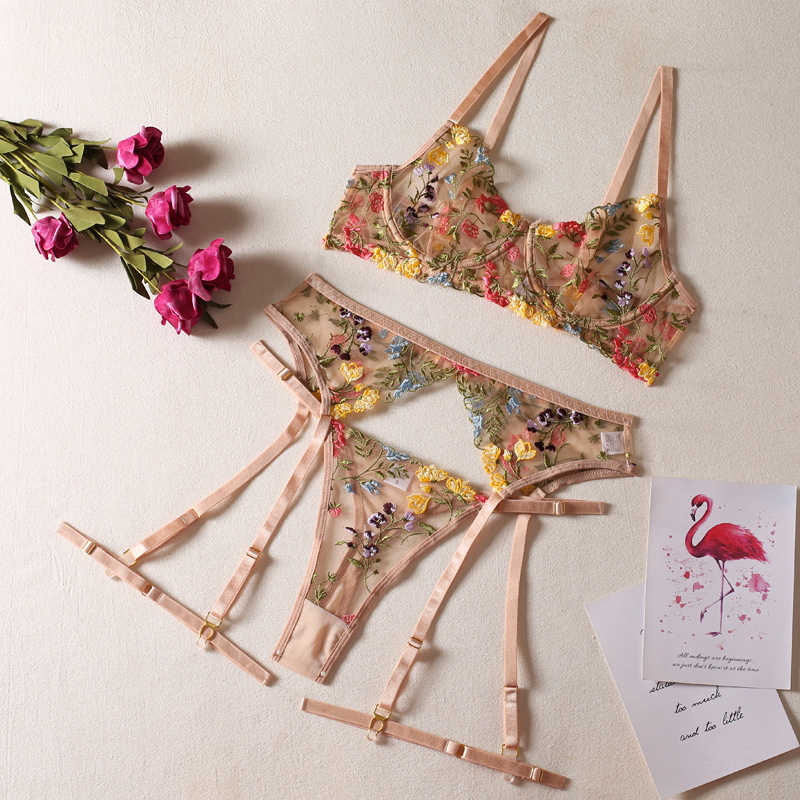 Picture of New ins Internet Celebrity Summer Small Floral Bra Panties Garter Belt Sexy Underwear Three-piece Set Foreign Trade Supply