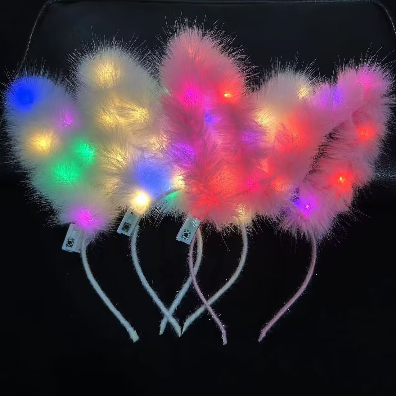 Picture of New 14 lights fox fur lengthened rabbit ears hairband luminous feather wreath night market ground push flash headdress gift