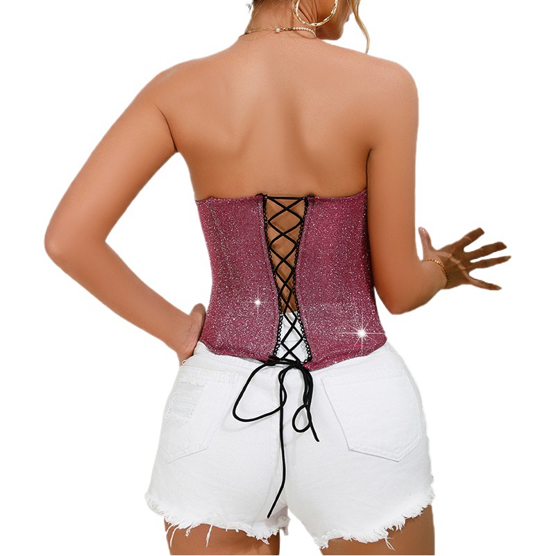 Cross-border Hot Selling Pure Desire Style Silver Dot Shiny Strapless Sexy V-neck Fishbone Waist Strap Hot Chest Wrap Top