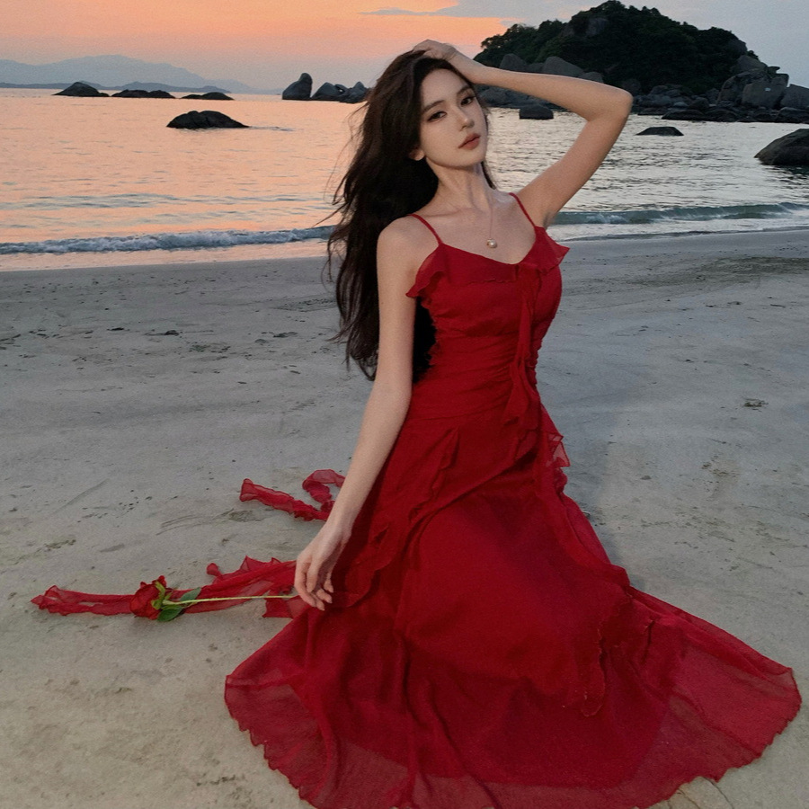 Picture of French Vacation Style Vintage Sling dress Red Engagement Dress Tight Waist Slimming Ruffled Beach Long Dress