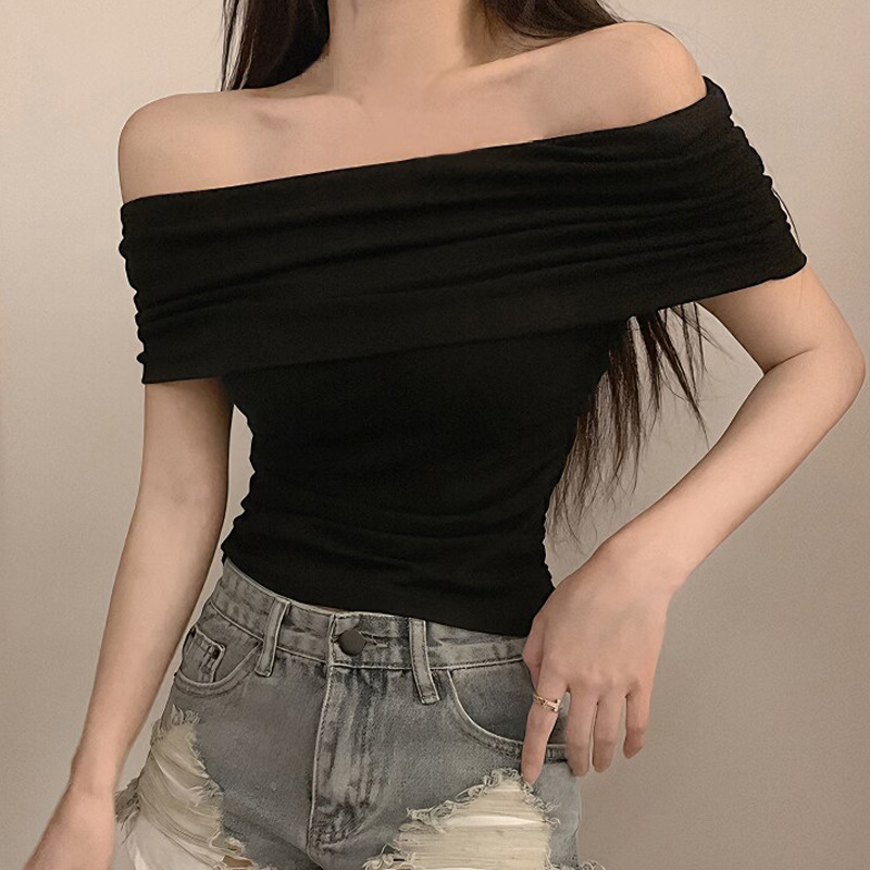 American Retro Sexy Design One-shoulder Short-sleeved T-shirt for Women with Off-shoulder, Beautiful and Chic Sexy Tight-fitting Bottoming Shirt