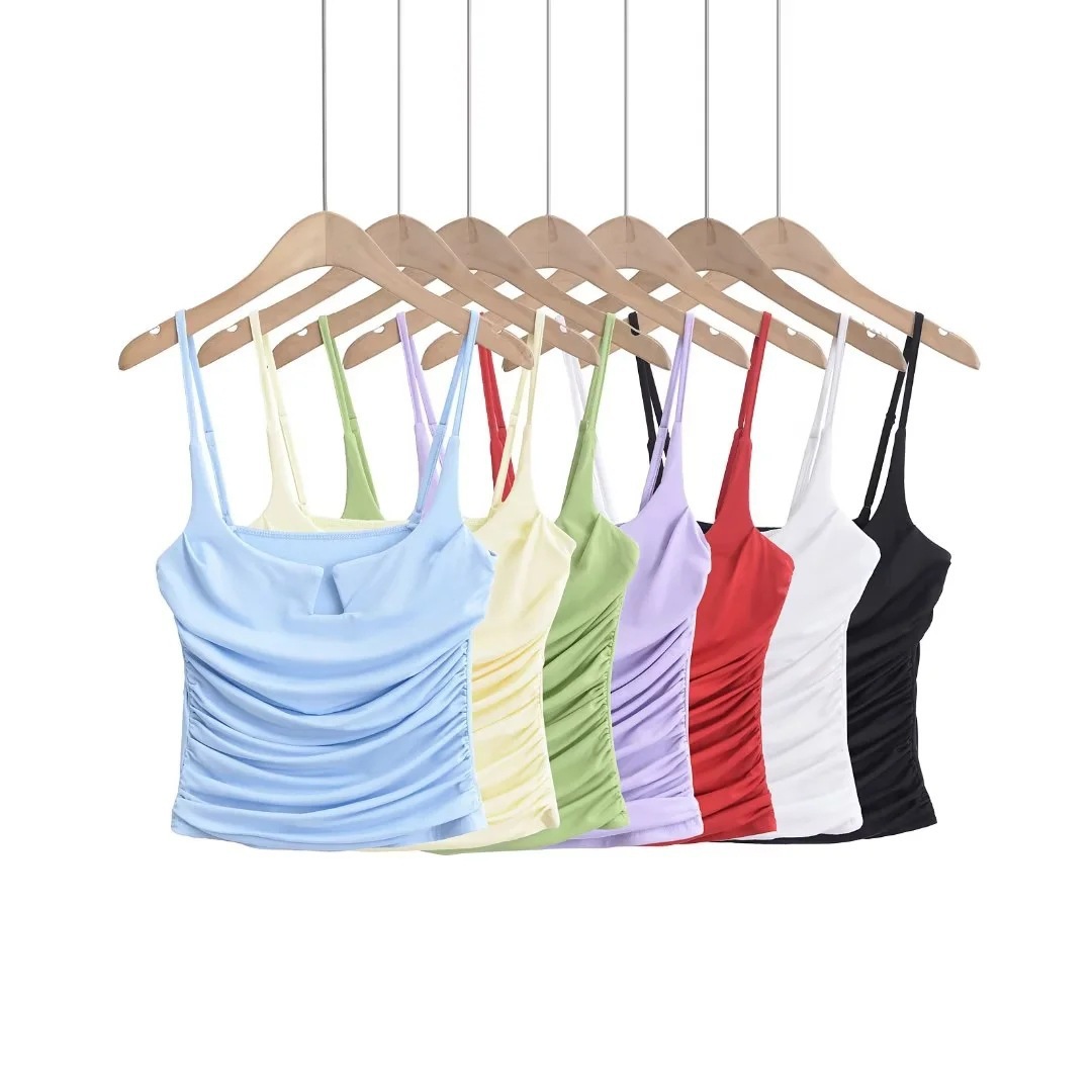 2024 Summer New Large Neckline Multicolor Sleeveless Strap Navel Vest Side Pleated Women's Strap
