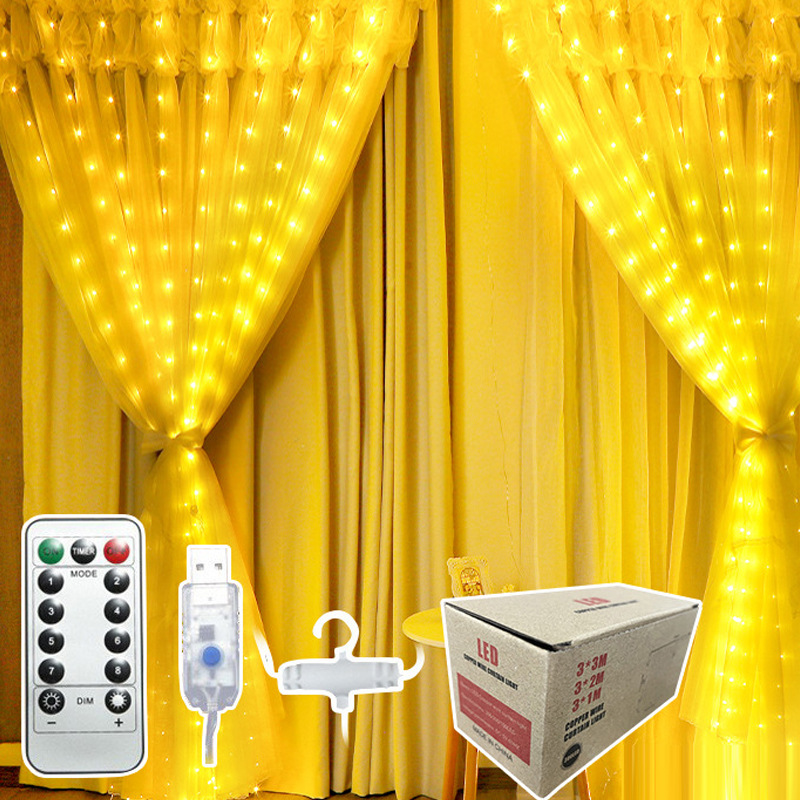 Cross-border hot LED leather line 3*3m Christmas curtain light string low voltage USB remote control eight function curtain background decoration