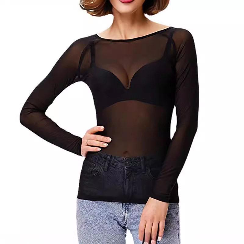 Picture of Autumn 2023 Black Transparent Mesh Base Shirt Women's Long-sleeved Sexy Perspective Thin Mesh Shirt Super-stretch Shirt