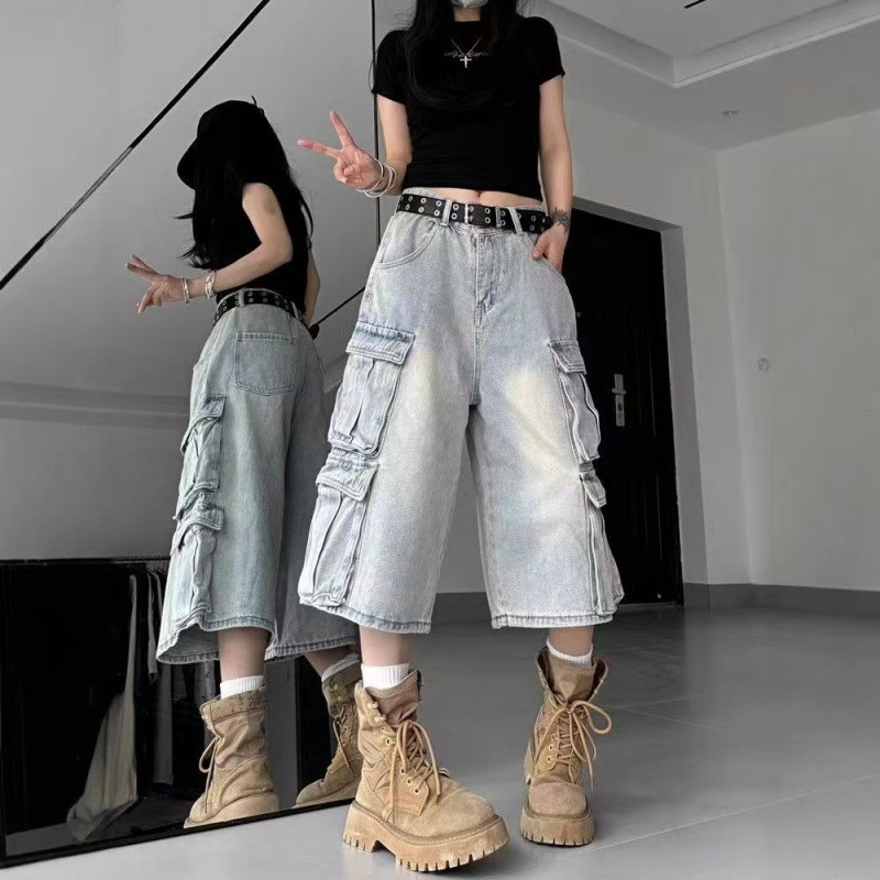 American Retro Distressed Multi-Pocket Cargo Denim Shorts for Women Summer New Design Cropped Wide-Leg Pants