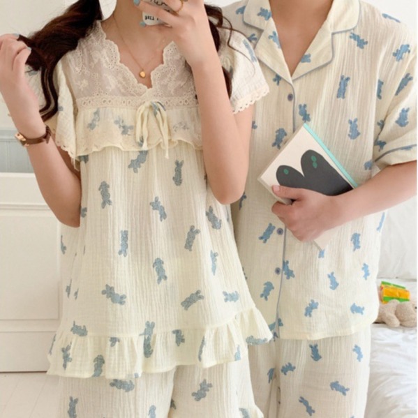 Korean Ins Women's Summer New Couple Outfit Casual Loose Women's Carto Rabbit Korean Men's Home Clothes