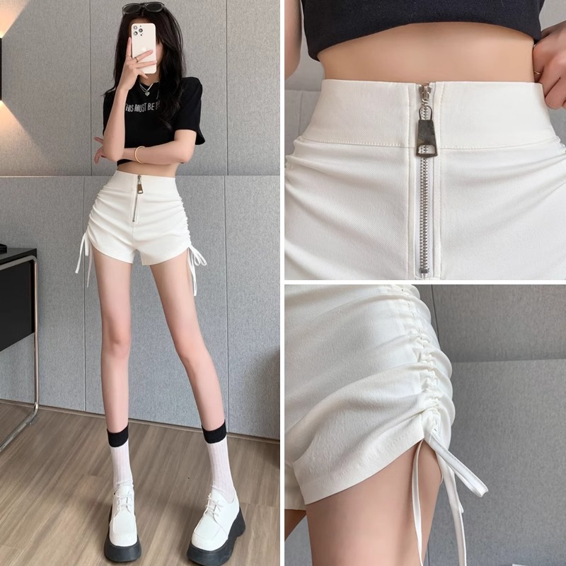 White sexy spicy girl ultra-short hot pants for women, summer design zipper straight shorts, high-waisted drawstring slim-fit casual pants