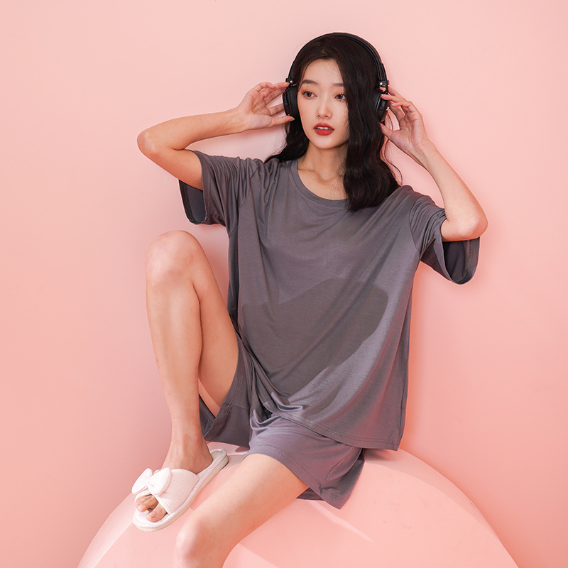Modal cotton pajamas women's summer with chest pad solid color short sleeve shorts summer thin plus size home clothes wholesale