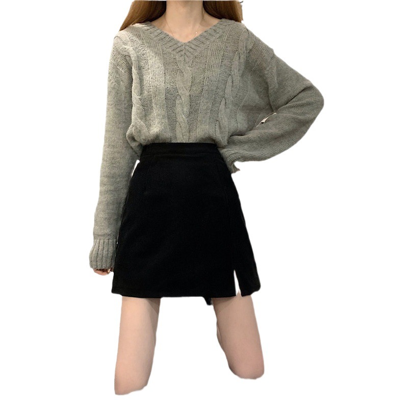 Corduroy skirt women's autumn and winter 2023 new retro split high waist slimming a-Line hip-wrapped fashion skirt
