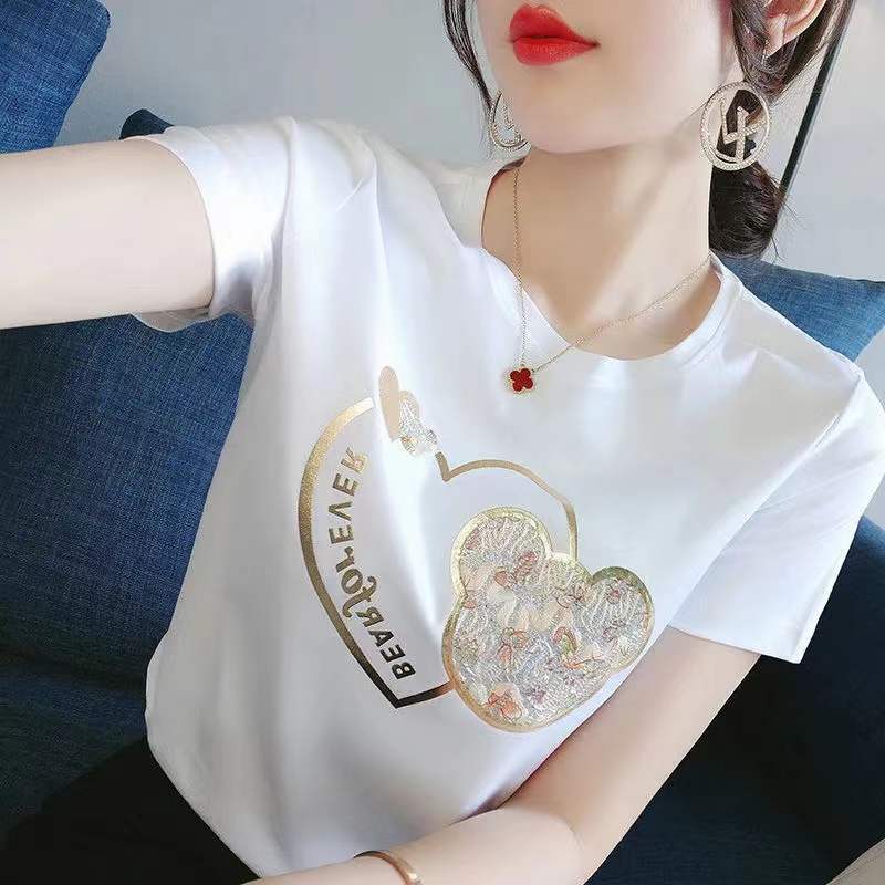 Cross-Border Heavy Industry Hot Stamping Short-Sleeved T-Shirt for Women 2023 Spring and Summer K-Style Personalized Design Loose New Inner Top