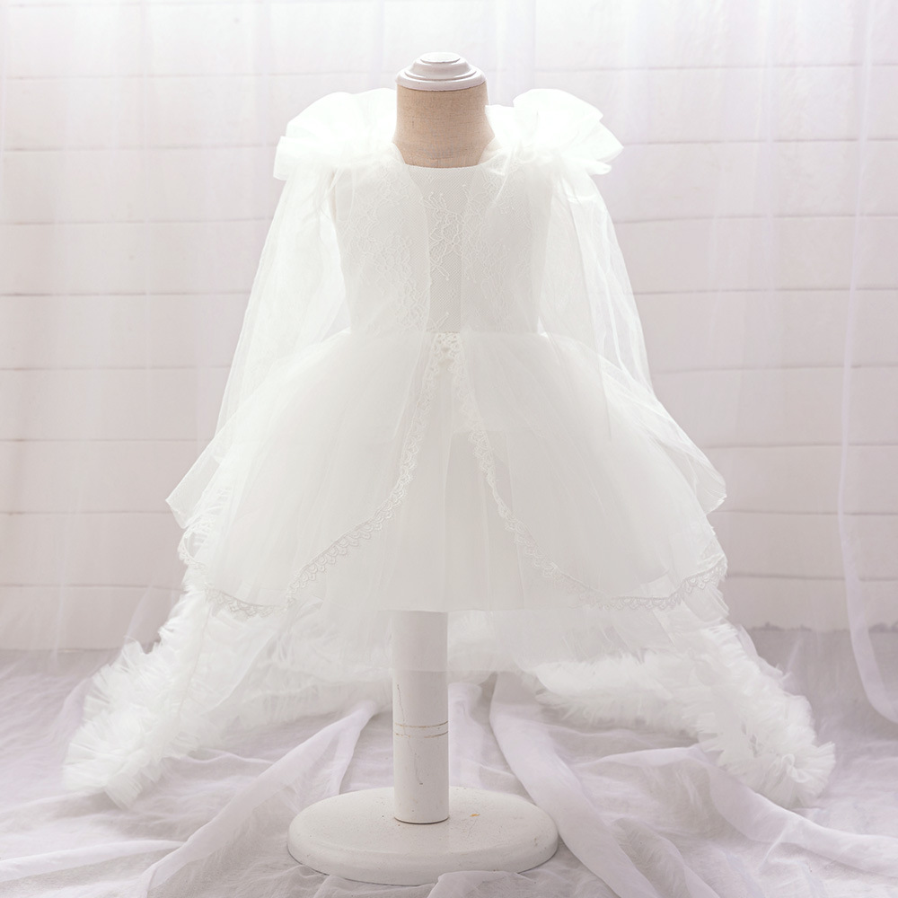 Picture of New One-year-old Dress Short-sleeved Pleated Mesh Lace Trailing Princess Dress Ponked Yarn Flower Children's Wedding Dress