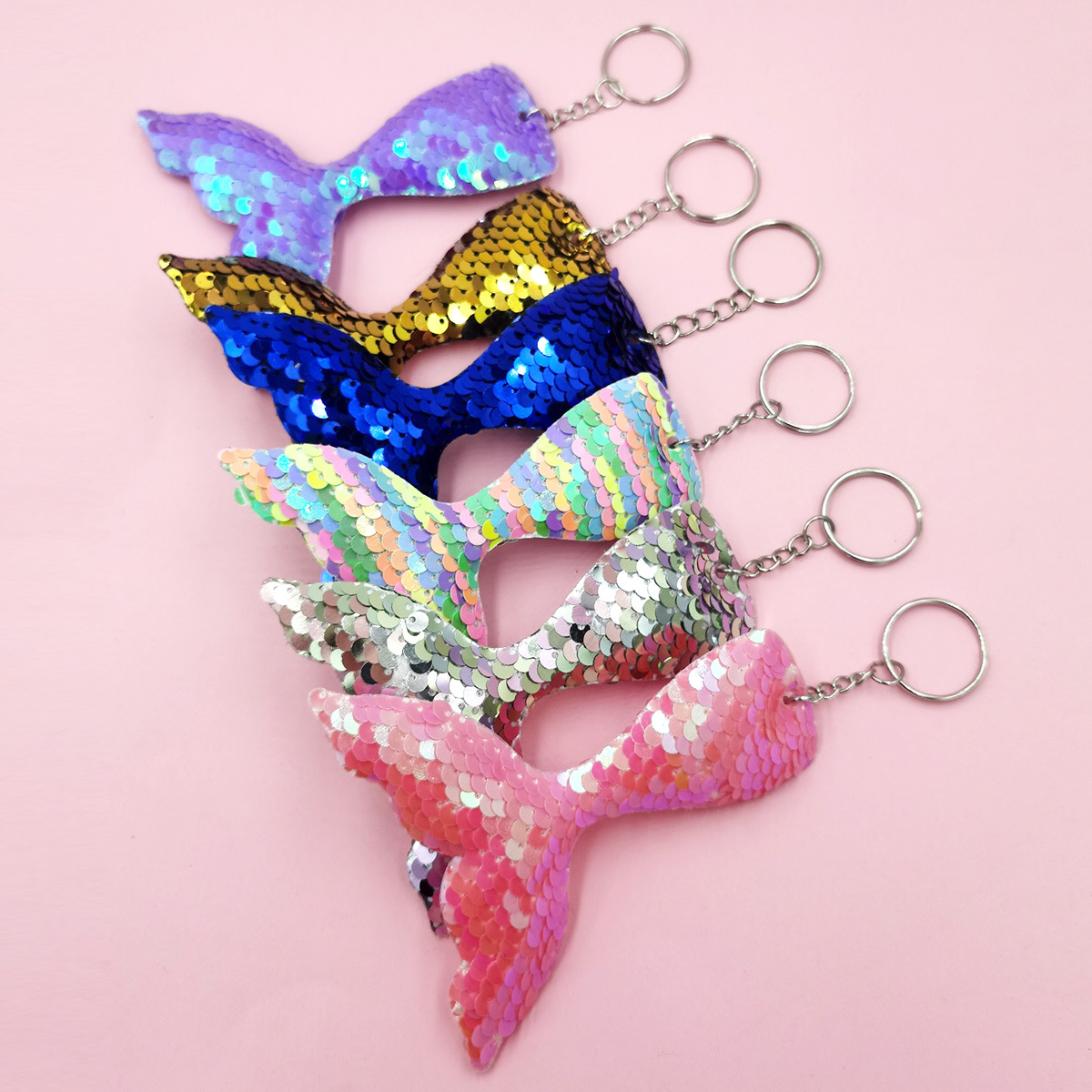 Cross-Border Set 6 mermaid tail reflective double-sided flip sequin keychain sequin pendant car pendant