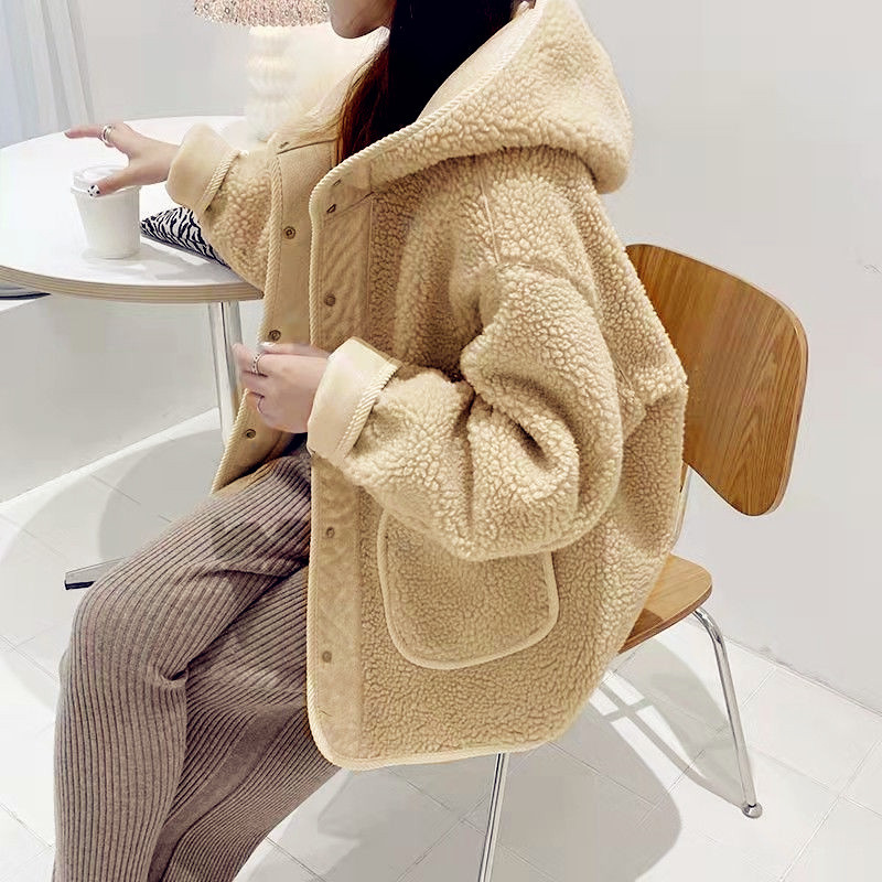 Picture of Imitation Lamb Wool Hooded Outwear for Women, Autumn and Winter Outwear with Button, New Korean Style, Loose, Slim and Versatile Top for Small People