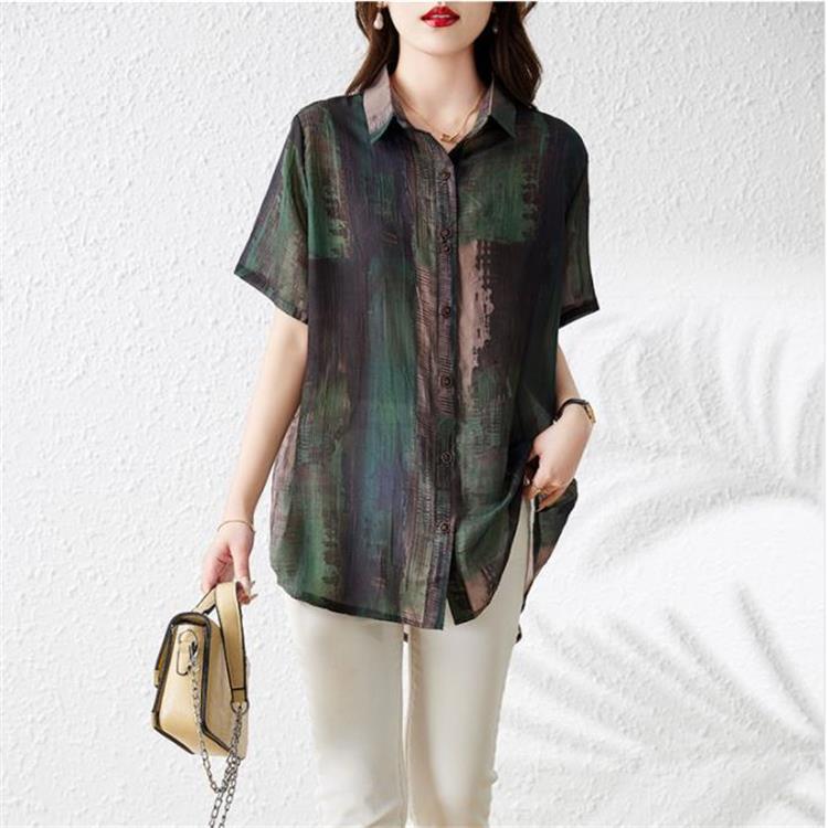 Real shot small lapel short sleeve top elegant color matching thin shirt summer new shirt women