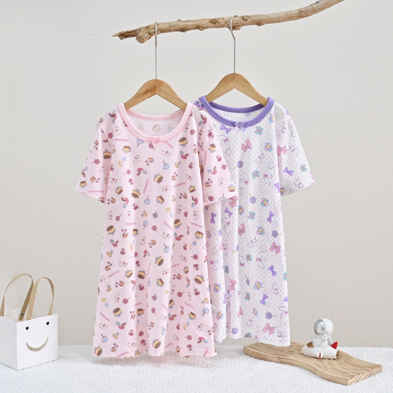 Distribution children's dress nightgown sleeping bag short sleeve wheat ears cotton mesh girl cute cartoon home clothes air conditioning out