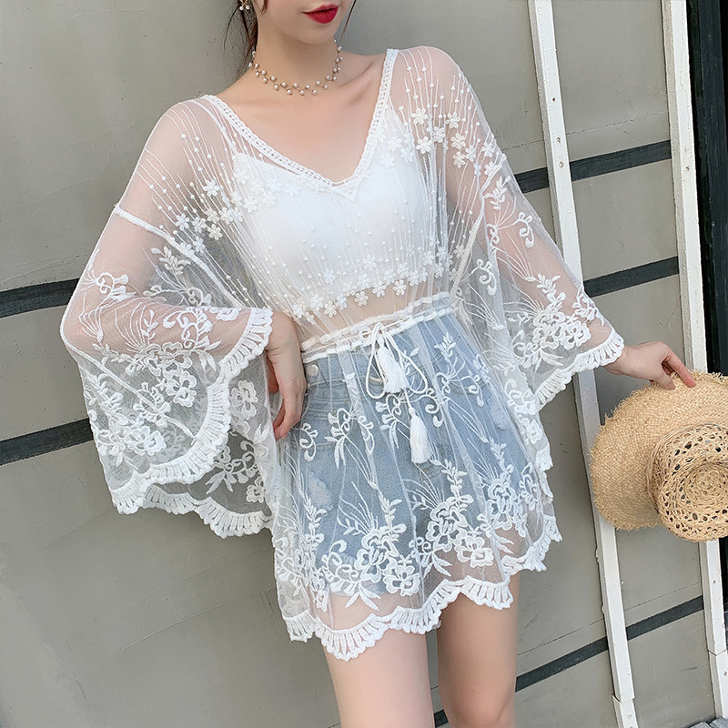 Amazon cross-border exclusive hollow lace seaside bikini blouse batwing sleeve beach vacation shirt