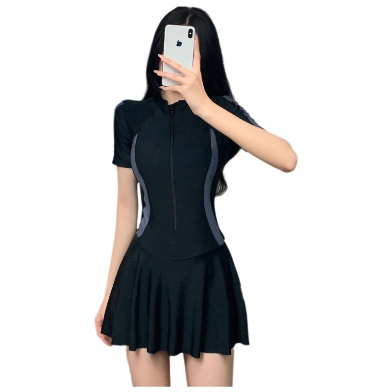 2025 New Swimsuit Women's Summer One-Piece Skirt Covering Belly, Slimming, Conservative Long-Sleeved Student Sports Swimwear Super Fairy
