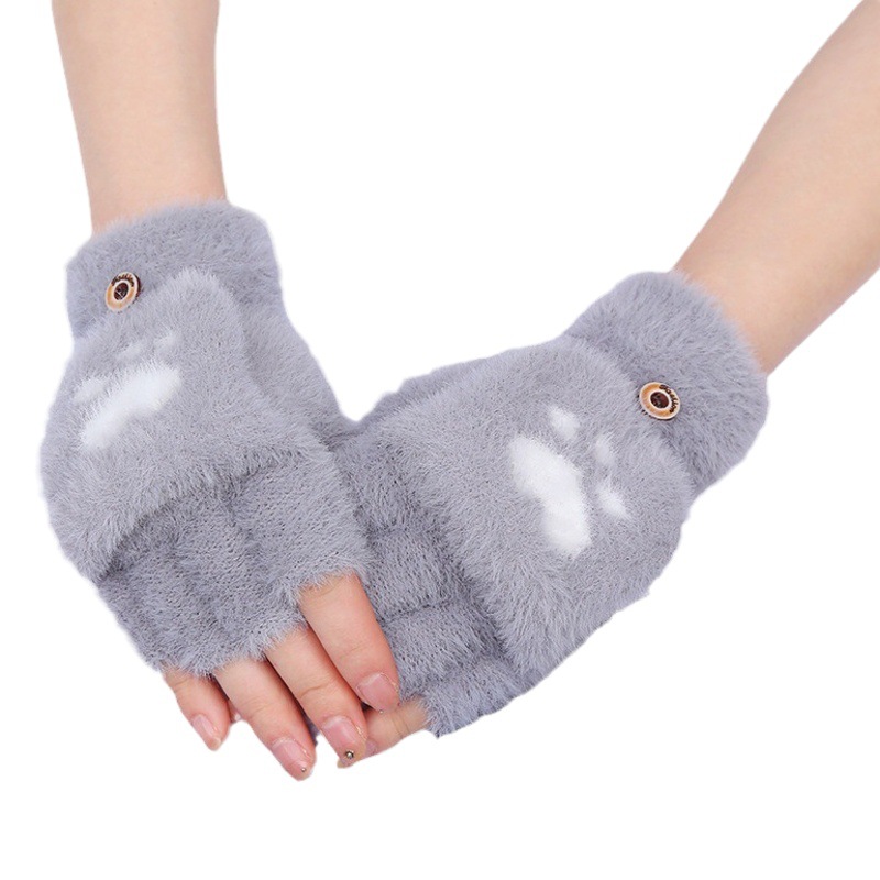 New Cute Cat Claw Gloves Plush Winter Gloves Students Fingerless Writing Flip Gloves Cross-Border Warm Gloves