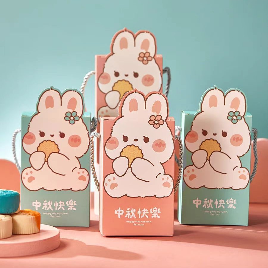 New Creative Mini Cartoon Rabbit 2-grain Moon Cake Box Portable Simple Flow Heart Moon Cake Yolk Crisp Packaging Box in stock