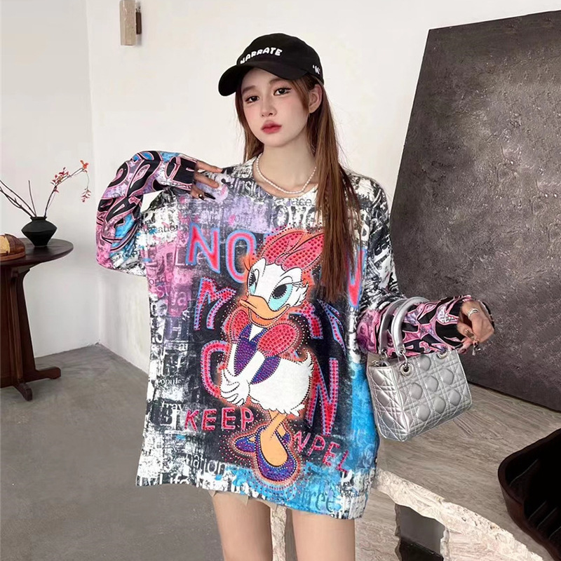 European Fashion Brand Heavy Industry Hot Drilling Sweater 2024 Autumn New Cartoon Printed Loose Large Edition Long Sleeve Knitted Top