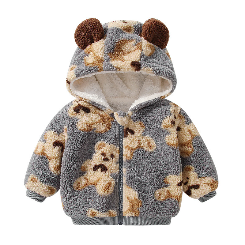 Picture of Children's Outwear Velvet Thickeneded Baby Warm Outing Clothes 2025 Autumn and Winter Cartoon Bear Hooded Baby Clothes