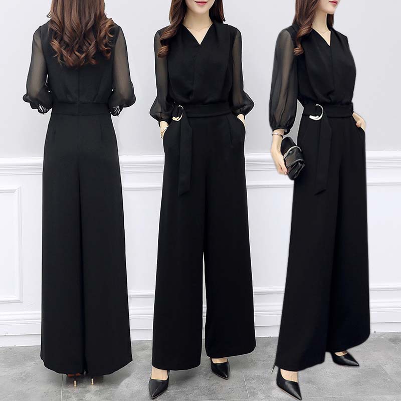 Picture of Spring and Summer New High Waist Chiffon Jumpsuit Black Cropped Sleeve Slim-fit Slimming Elegant Wide Leg Jumpsuit for Women