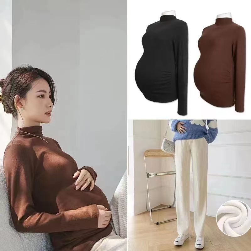 Picture of Pregnant women's clothing fashion spring autumn winter two-piece pregnant women adjustable abdominal pants solid color velvet warm bottoming shirt suit
