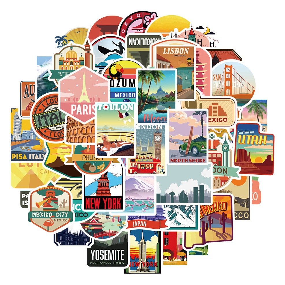 50 pieces city travel landscape stickers luggage skateboard luggage laptop phone case body stickers waterproof