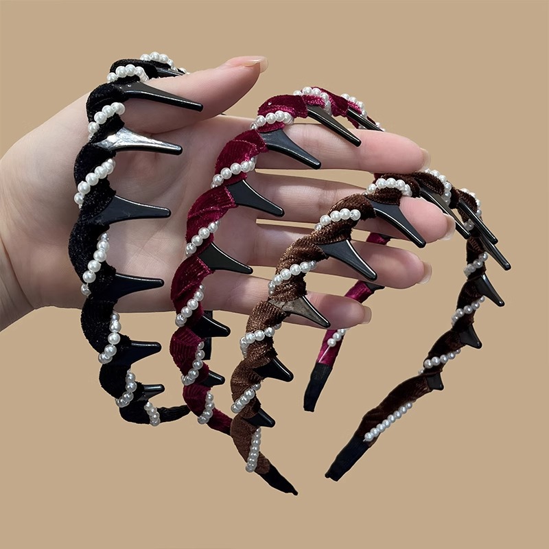 Pearl High Crown Wave Velvet Headband for Women, Face Washing Hairband with Teeth, Anti-Slip Hair Styling Tool Hair Accessory