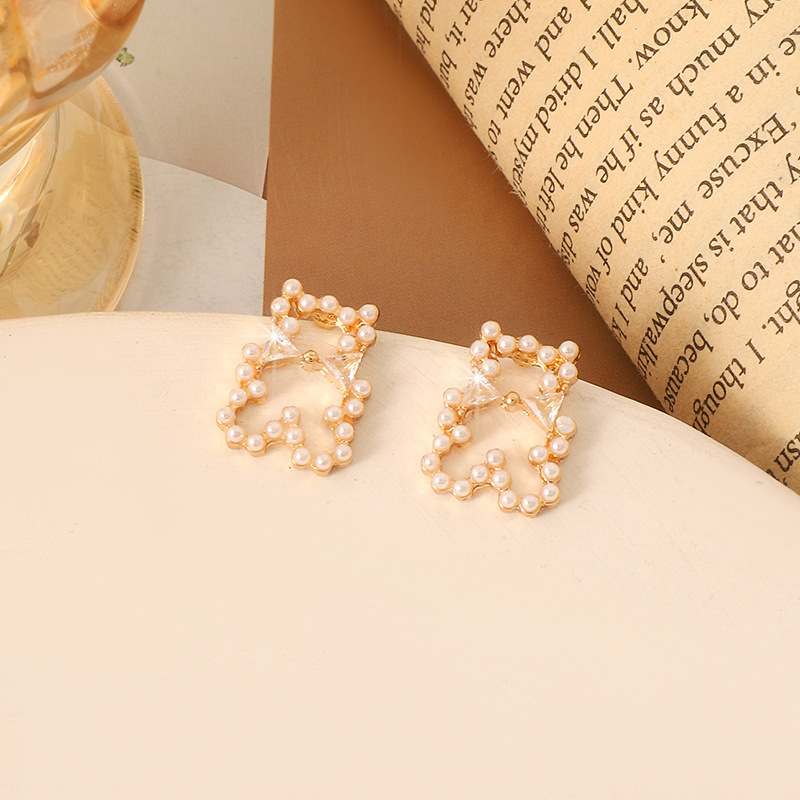 2023 new bear bow earrings geometric animal temperament light luxury exquisite pearl earrings s925 Silver Women's